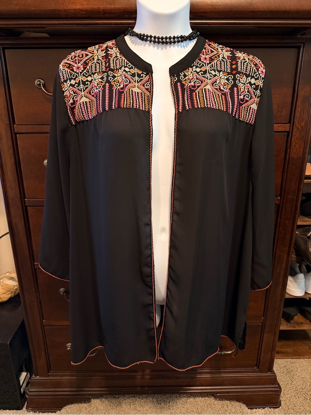 Catherines Black Open-Front Jacket with Multicolor Embroidered Yoke